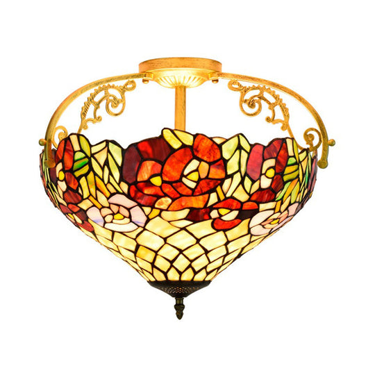 Blossom Stained Glass Semi Flush Ceiling Light Fixture - Tiffany Style - 3 Lights - Yellow