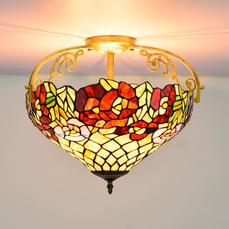 Blossom Stained Glass Semi Flush Ceiling Light Fixture - Tiffany Style - 3 Lights - Yellow