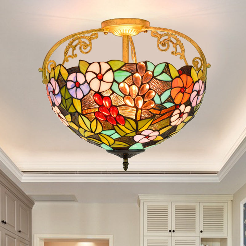 Green Victorian Floral Ceiling Light With Cut Glass - 3 Semi Mount Lights For Bedroom