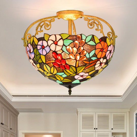 Green Victorian Floral Ceiling Light With Cut Glass - 3 Semi Mount Lights For Bedroom