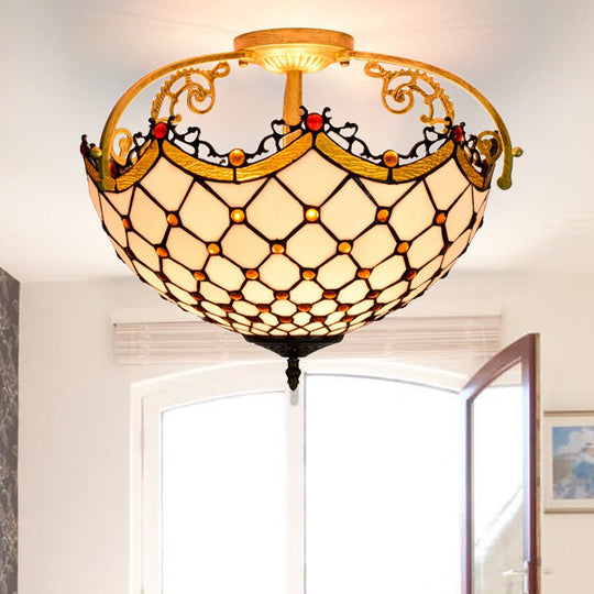 Scalloped Semi Flush Beige Stained Glass Ceiling Mount - 3-Light Baroque Design For Corridor