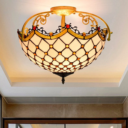 Scalloped Baroque Beige Stained Glass Ceiling Mount - 3-Light Semi Flush Light for Corridor