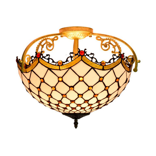 Scalloped Baroque Beige Stained Glass Ceiling Mount - 3-Light Semi Flush Light for Corridor