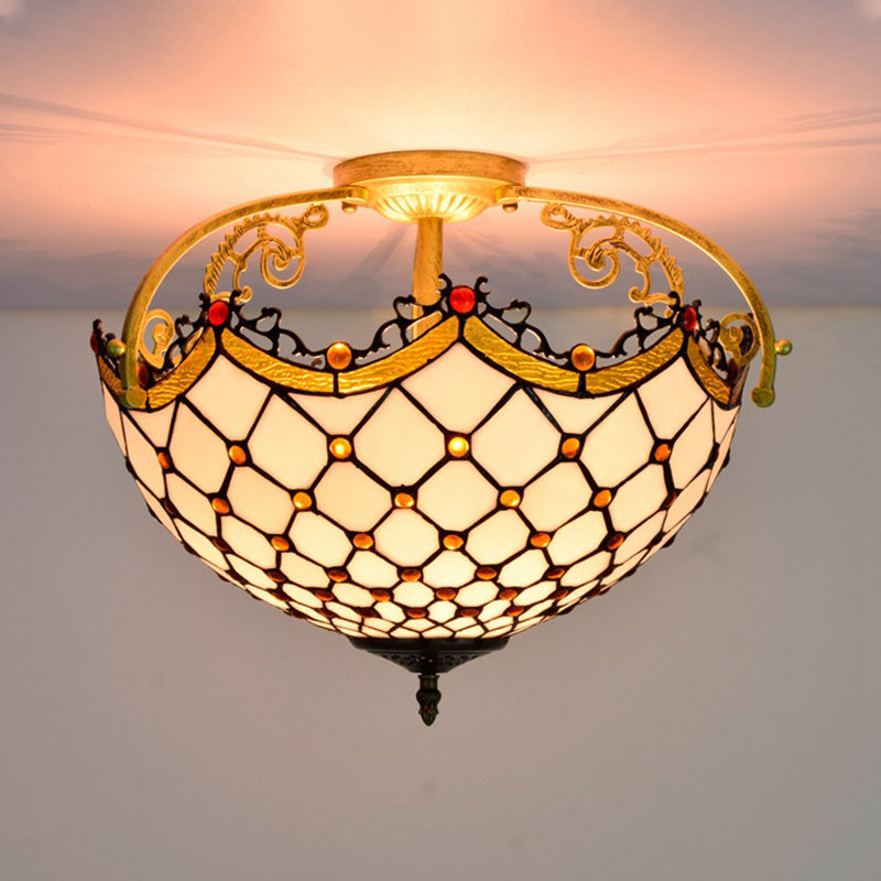 Scalloped Baroque Beige Stained Glass Ceiling Mount - 3-Light Semi Flush Light for Corridor