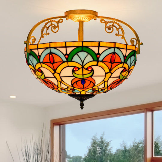 Mediterranean Orange Domed Cut Glass Ceiling Light Fixture with 3 Semi-Flush Lights