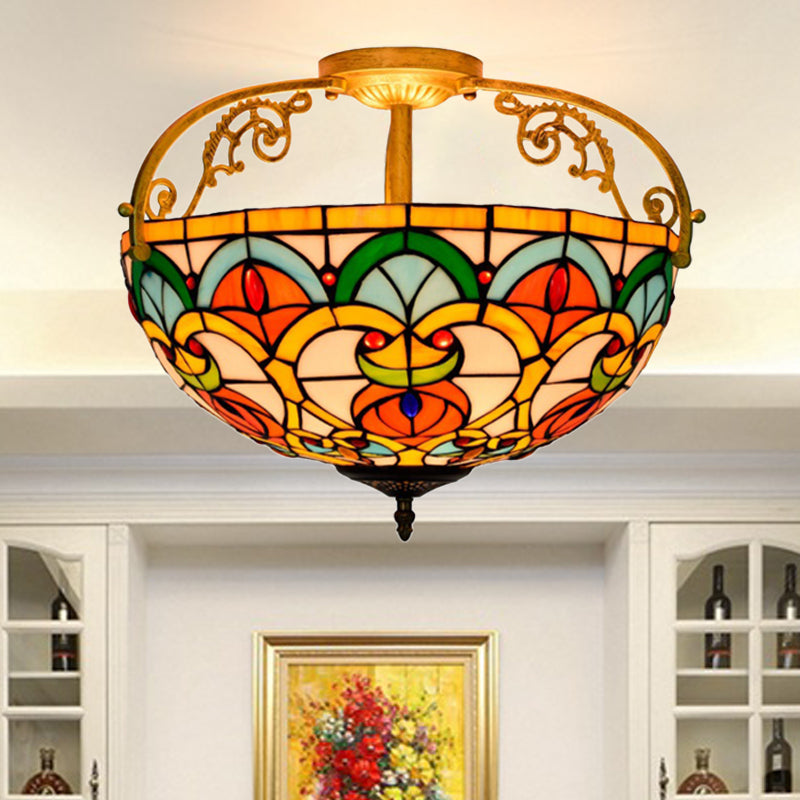 Mediterranean Orange Domed Cut Glass Ceiling Light Fixture with 3 Semi-Flush Lights