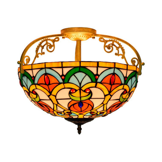 Mediterranean Orange Domed Cut Glass Ceiling Light Fixture with 3 Semi-Flush Lights