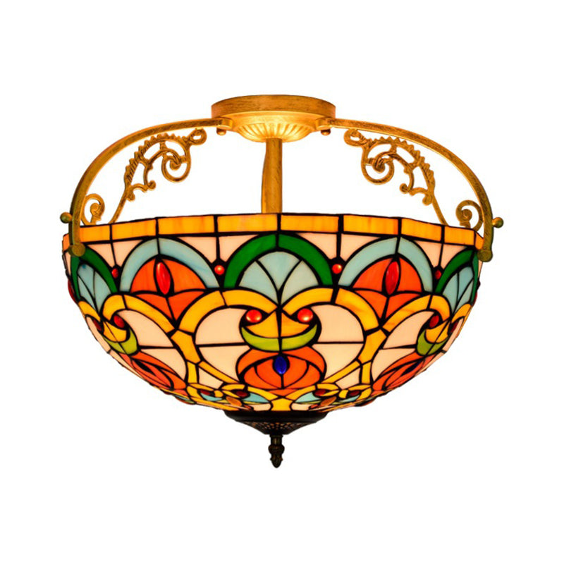 Mediterranean Orange Domed Cut Glass Ceiling Light Fixture With 3 Semi-Flush Lights