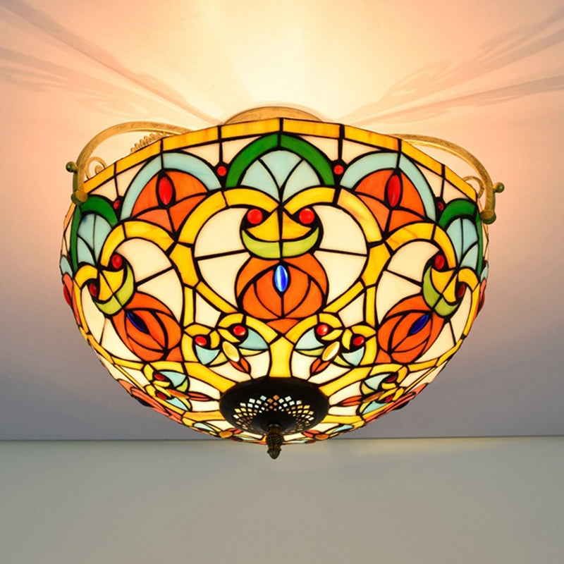 Mediterranean Orange Domed Cut Glass Ceiling Light Fixture with 3 Semi-Flush Lights