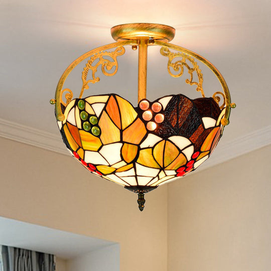 Tiffany Cut Glass Semi-Flush Ceiling Light with Brass Finish for Bedrooms - 2/3 Lights