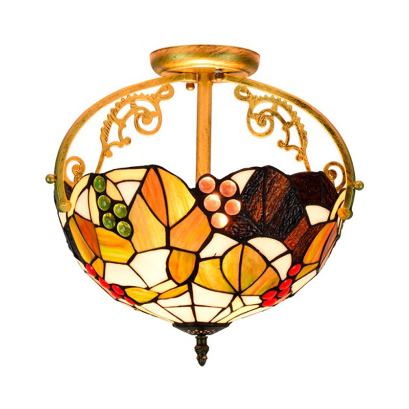 Tiffany Cut Glass Semi-Flush Ceiling Light with Brass Finish for Bedrooms - 2/3 Lights