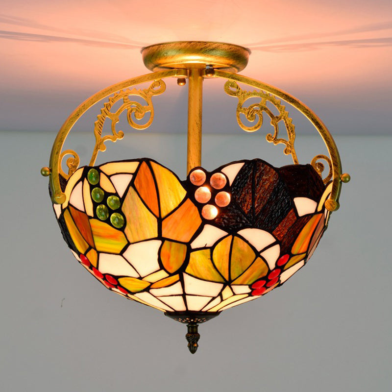 Tiffany Cut Glass Semi-Flush Ceiling Light with Brass Finish for Bedrooms - 2/3 Lights