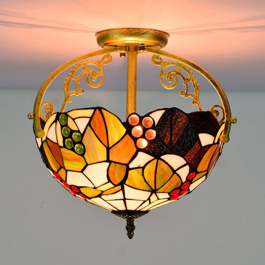 Tiffany Cut Glass Semi-Flush Ceiling Light With Brass Finish For Bedrooms - 2/3 Lights