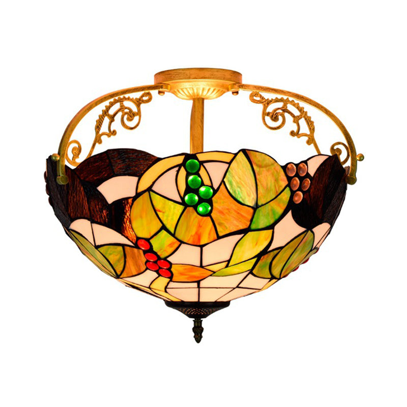 Tiffany Cut Glass Semi-Flush Ceiling Light with Brass Finish for Bedrooms - 2/3 Lights