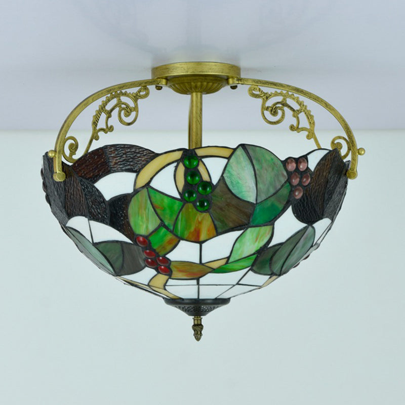 Tiffany Cut Glass Semi-Flush Ceiling Light with Brass Finish for Bedrooms - 2/3 Lights