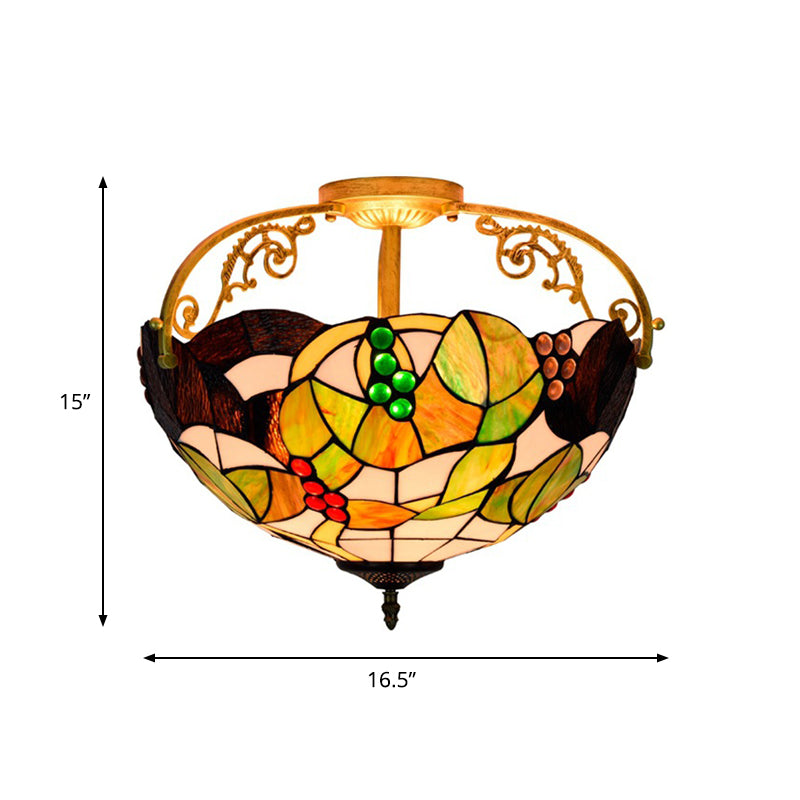 Tiffany Cut Glass Semi-Flush Ceiling Light with Brass Finish for Bedrooms - 2/3 Lights