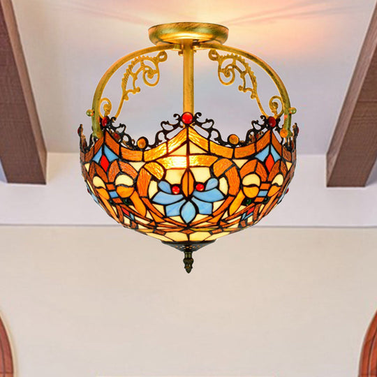 Tiffany Style Lotus Stained Glass Ceiling Fixture - Semi Mount, Brown - Ideal for Dining Room Lighting, 2/3 Lights