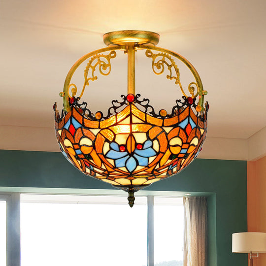 Tiffany Style Lotus Stained Glass Ceiling Fixture - Semi Mount, Brown - Ideal for Dining Room Lighting, 2/3 Lights