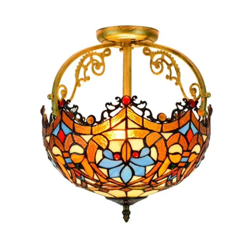 Tiffany Style Lotus Stained Glass Ceiling Fixture - Semi Mount, Brown - Ideal for Dining Room Lighting, 2/3 Lights