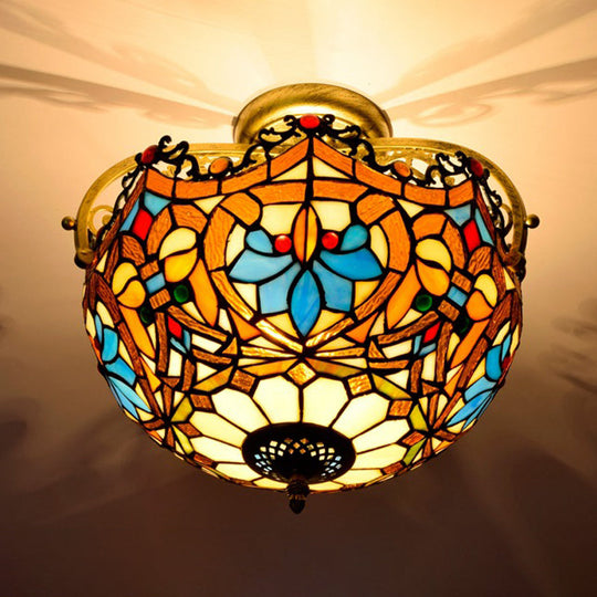 Tiffany Style Lotus Stained Glass Ceiling Fixture - Semi Mount, Brown - Ideal for Dining Room Lighting, 2/3 Lights