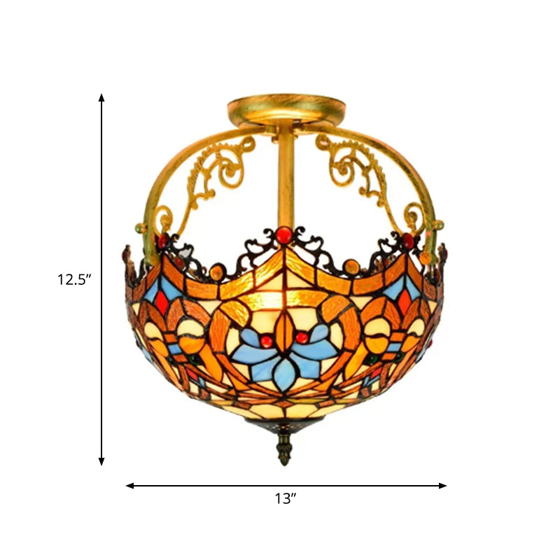 Tiffany Style Lotus Stained Glass Ceiling Fixture - Semi Mount, Brown - Ideal for Dining Room Lighting, 2/3 Lights