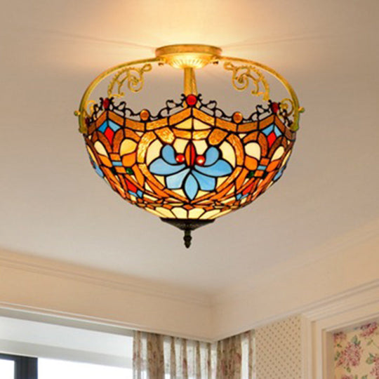 Tiffany Style Lotus Stained Glass Ceiling Fixture - Semi Mount, Brown - Ideal for Dining Room Lighting, 2/3 Lights