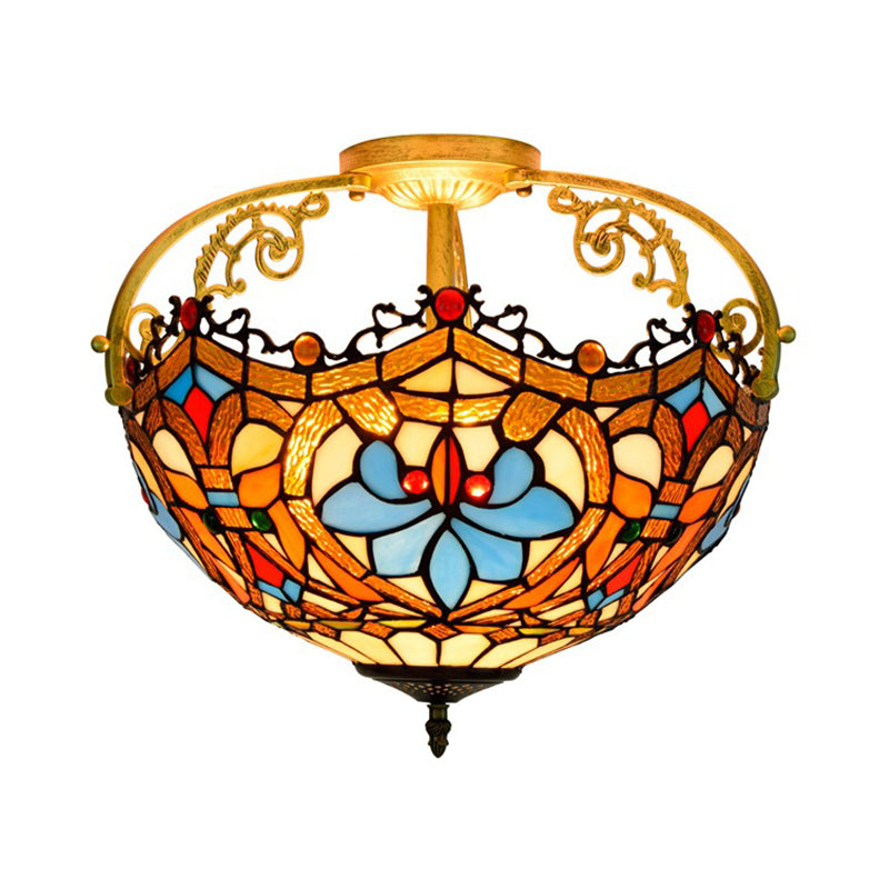 Tiffany Style Lotus Stained Glass Ceiling Fixture - Semi Mount, Brown - Ideal for Dining Room Lighting, 2/3 Lights