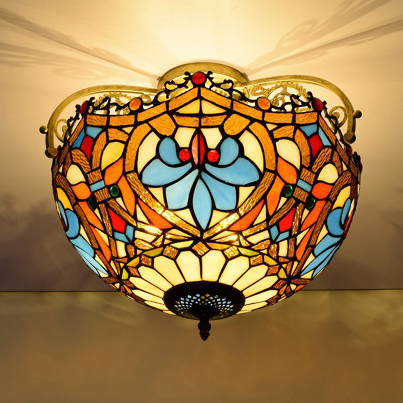 Tiffany Style Lotus Stained Glass Ceiling Fixture - Semi Mount, Brown - Ideal for Dining Room Lighting, 2/3 Lights