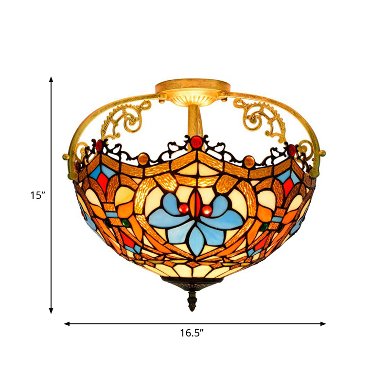 Tiffany Style Lotus Stained Glass Ceiling Fixture - Semi Mount, Brown - Ideal for Dining Room Lighting, 2/3 Lights