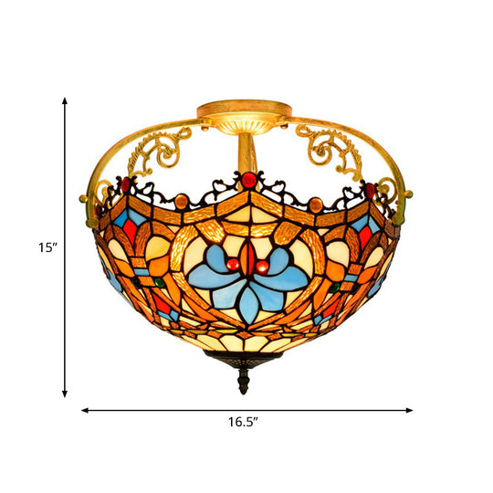 Tiffany Style Lotus Stained Glass Ceiling Fixture - Semi Mount, Brown - Ideal for Dining Room Lighting, 2/3 Lights