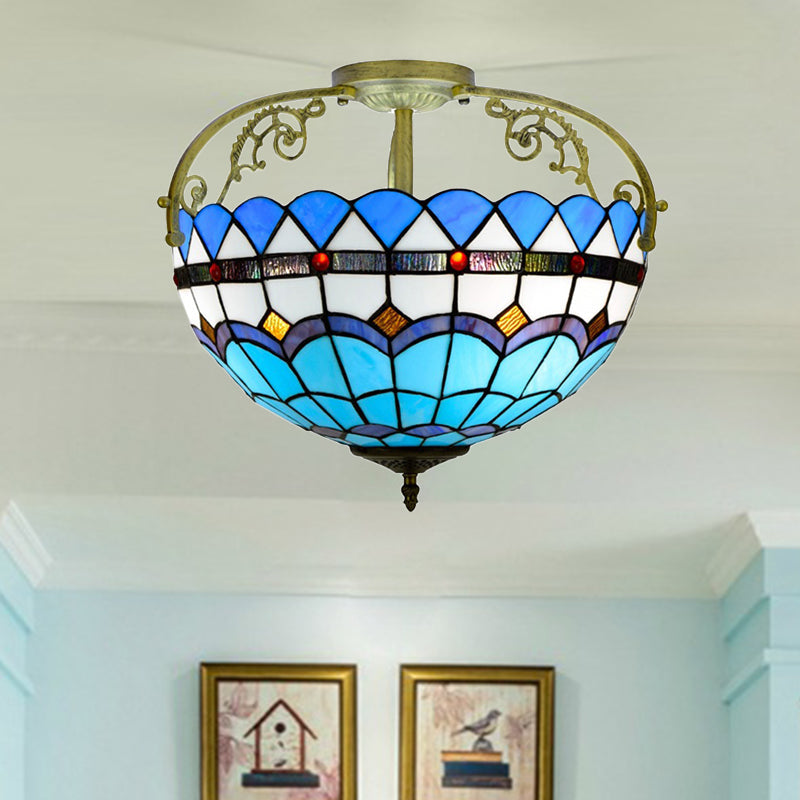 Tiffany Semi-Flush Kitchen Ceiling Light - 3-Light Fixture with Stained Glass Bowl Shade (Yellow/Brown/Blue)