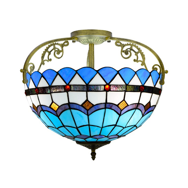 Tiffany Semi-Flush Kitchen Ceiling Light - 3-Light Fixture with Stained Glass Bowl Shade (Yellow/Brown/Blue)