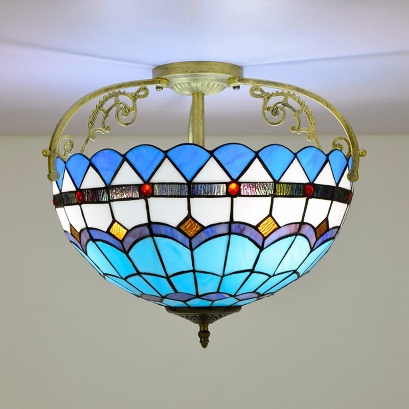 Tiffany Semi-Flush Kitchen Ceiling Light - 3-Light Fixture with Stained Glass Bowl Shade (Yellow/Brown/Blue)