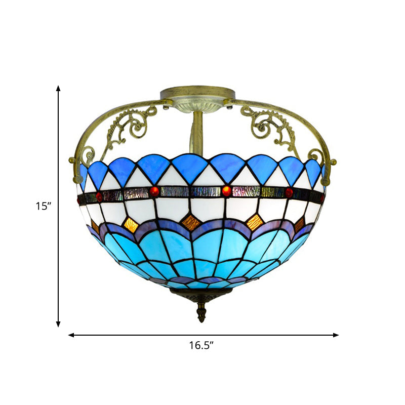 Tiffany Semi-Flush Kitchen Ceiling Light - 3-Light Fixture with Stained Glass Bowl Shade (Yellow/Brown/Blue)