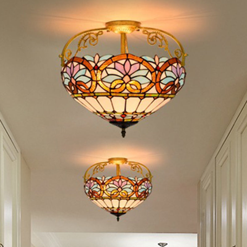 Tiffany Semi-Flush Kitchen Ceiling Light - 3-Light Fixture with Stained Glass Bowl Shade (Yellow/Brown/Blue)