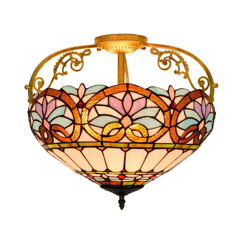 Tiffany Semi-Flush Kitchen Ceiling Light - 3-Light Fixture with Stained Glass Bowl Shade (Yellow/Brown/Blue)