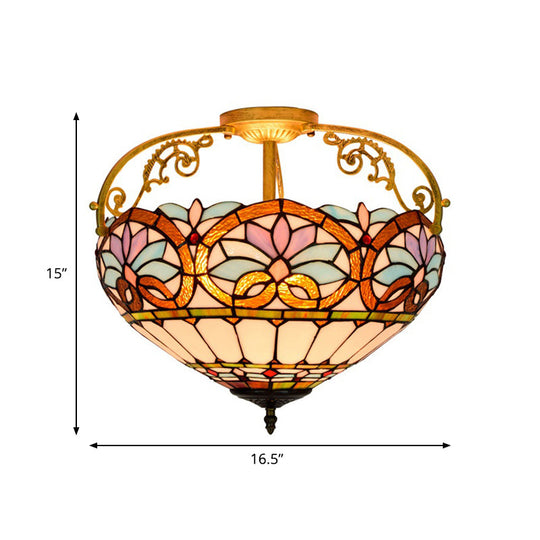 Tiffany Semi-Flush Kitchen Ceiling Light - 3-Light Fixture with Stained Glass Bowl Shade (Yellow/Brown/Blue)