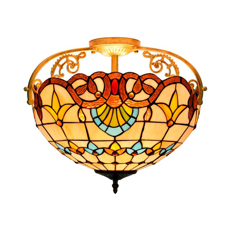 Tiffany Semi-Flush Kitchen Ceiling Light - 3-Light Fixture with Stained Glass Bowl Shade (Yellow/Brown/Blue)