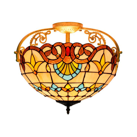 Tiffany Semi-Flush Kitchen Ceiling Light - 3-Light Fixture with Stained Glass Bowl Shade (Yellow/Brown/Blue)