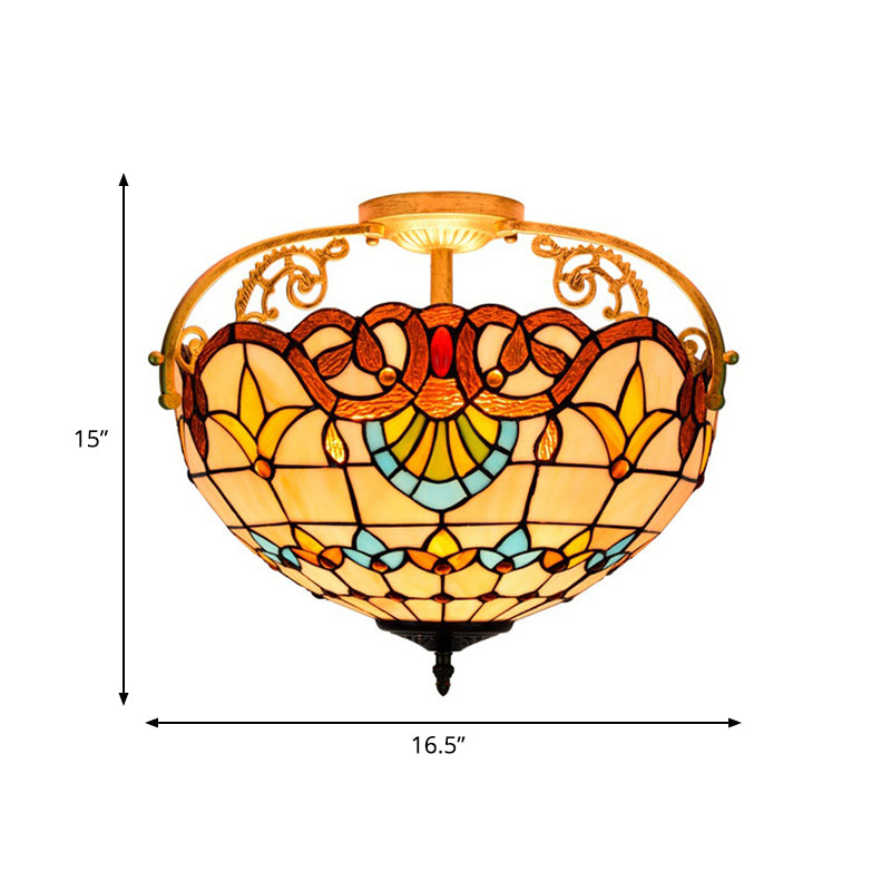 Tiffany Semi-Flush Kitchen Ceiling Light - 3-Light Fixture with Stained Glass Bowl Shade (Yellow/Brown/Blue)