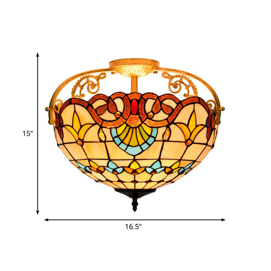 Tiffany Semi-Flush Kitchen Ceiling Light - 3-Light Fixture with Stained Glass Bowl Shade (Yellow/Brown/Blue)