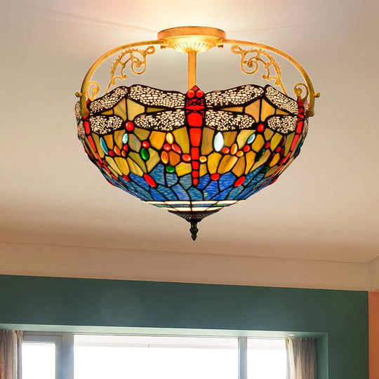 Dragonfly Cut Glass Semi Flush Mount Ceiling Light Fixture - Mediterranean Style, 3 Lights, Yellow/Orange/Blue - Perfect for Corridors