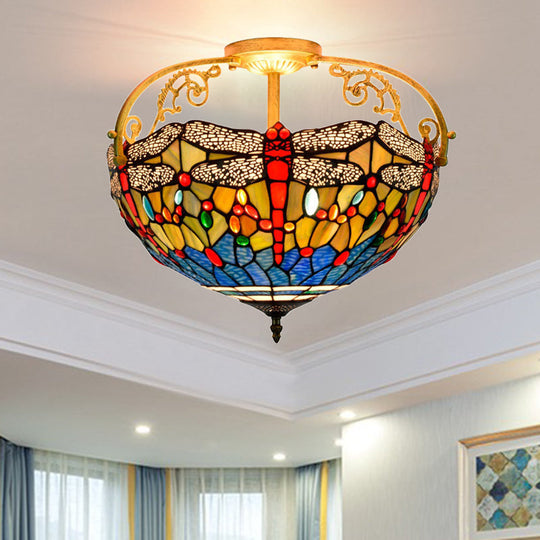 Dragonfly Cut Glass Semi Flush Mount Ceiling Light Fixture - Mediterranean Style, 3 Lights, Yellow/Orange/Blue - Perfect for Corridors