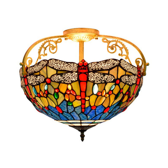 Dragonfly Cut Glass Semi Flush Mount Ceiling Light Fixture - Mediterranean Style, 3 Lights, Yellow/Orange/Blue - Perfect for Corridors