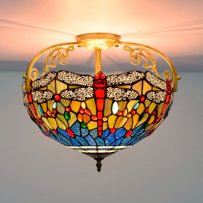 Dragonfly Cut Glass Semi Flush Mount Ceiling Light Fixture - Mediterranean Style, 3 Lights, Yellow/Orange/Blue - Perfect for Corridors