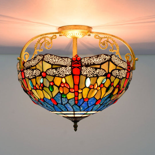 Dragonfly Cut Glass Semi Flush Mount Ceiling Light Fixture - Mediterranean Style 3 Lights