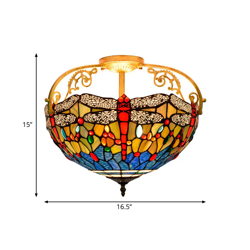 Dragonfly Cut Glass Semi Flush Mount Ceiling Light Fixture - Mediterranean Style, 3 Lights, Yellow/Orange/Blue - Perfect for Corridors