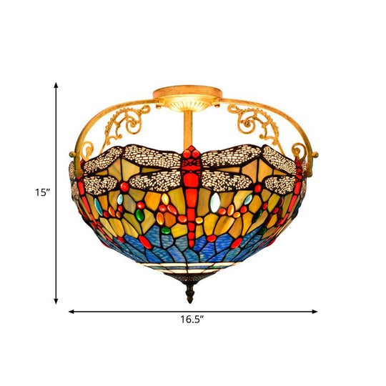 Dragonfly Cut Glass Semi Flush Mount Ceiling Light Fixture - Mediterranean Style 3 Lights