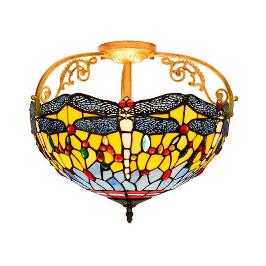 Dragonfly Cut Glass Semi Flush Mount Ceiling Light Fixture - Mediterranean Style, 3 Lights, Yellow/Orange/Blue - Perfect for Corridors