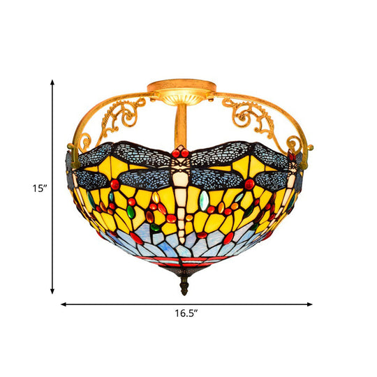 Dragonfly Cut Glass Semi Flush Mount Ceiling Light Fixture - Mediterranean Style, 3 Lights, Yellow/Orange/Blue - Perfect for Corridors